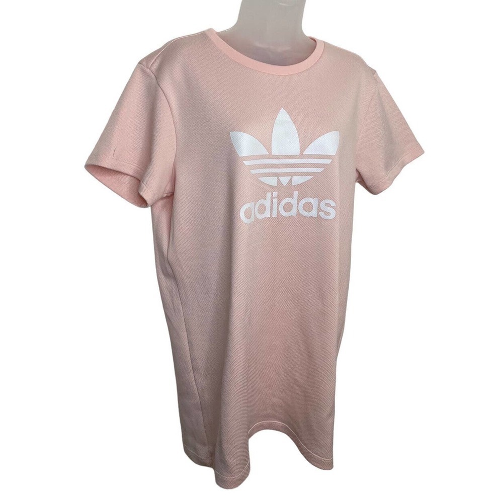 ADIDAS Originals Women’s Short Sleeve T-Shirt Dress Medium Pink White Trefoil - Picture 2 of 8